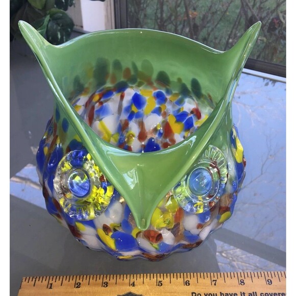 Vintage Art Glass Owl Vase Hand Blown Murano Multicolor Confetti Mint Green MCM